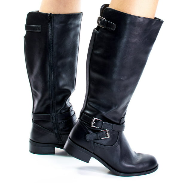 Faux Leather Riding Boots w Block Heel & Belted Detail & Elastic Back 
